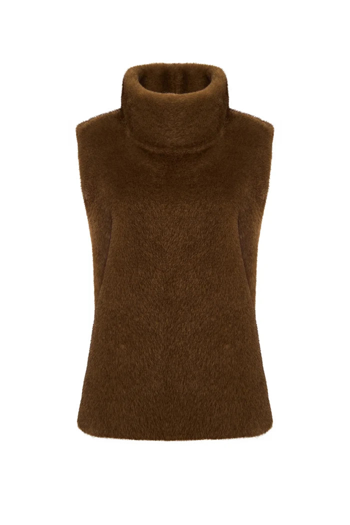Faux Fur Sleeveless Sculpted Top with Collar – Brown