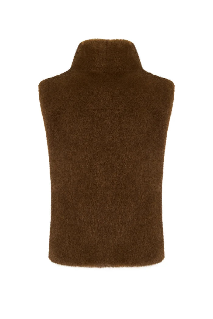 Faux Fur Sleeveless Sculpted Top with Collar – Brown