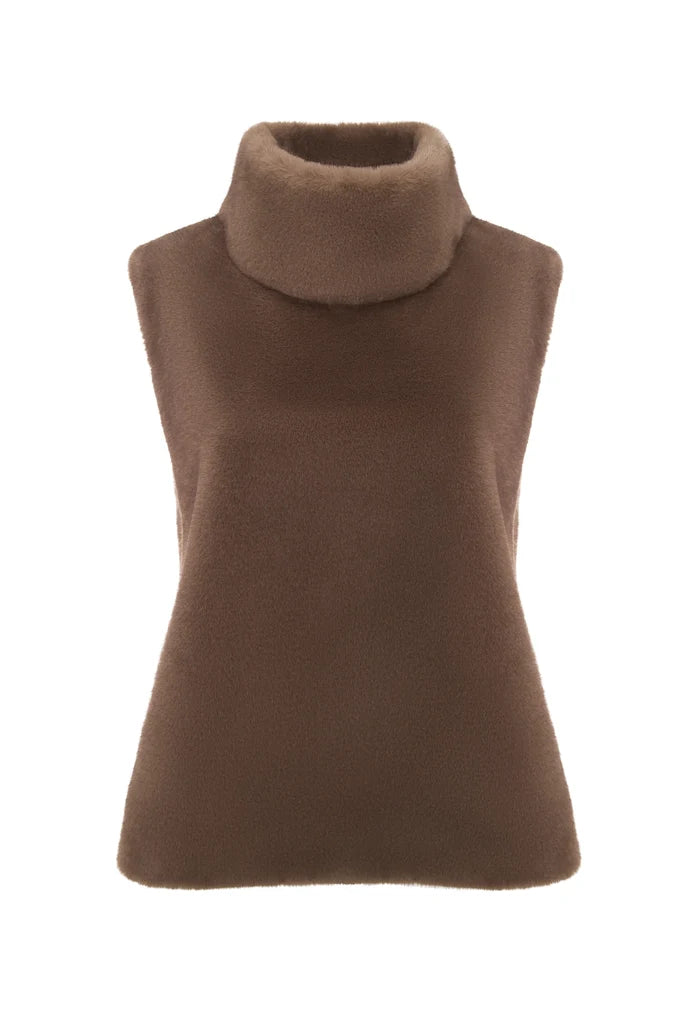 Faux Fur Sleeveless Sculpted Top with Collar – Light Brown