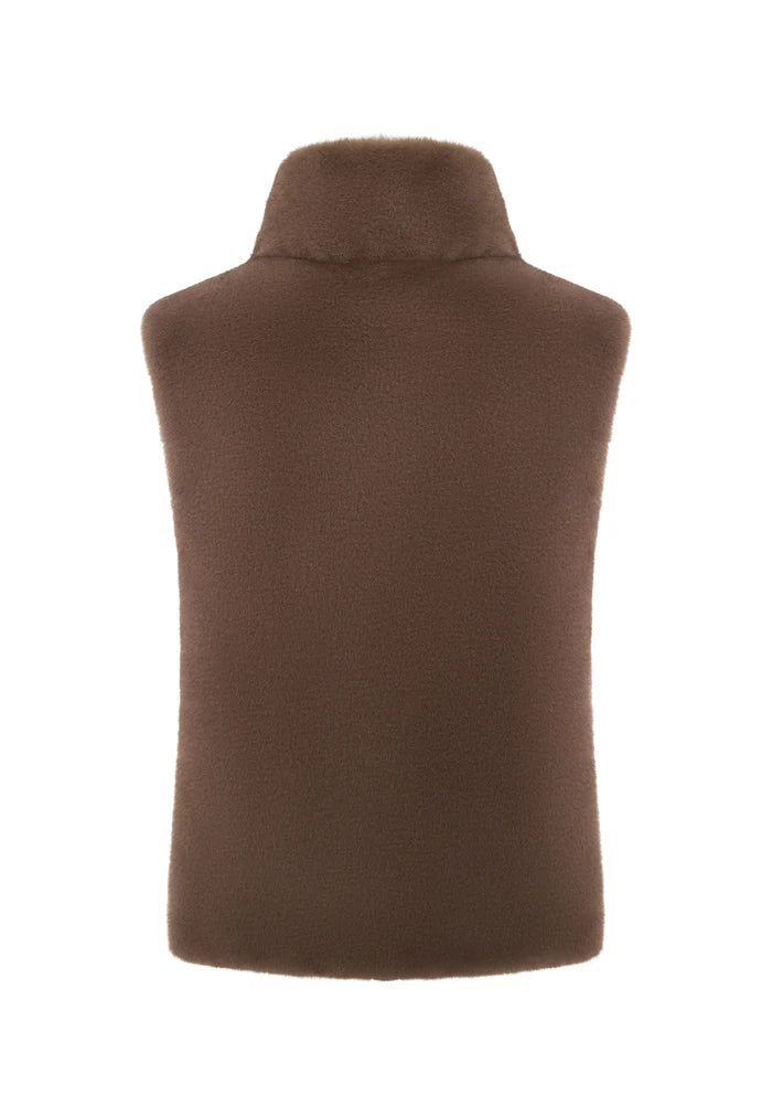 Faux Fur Sleeveless Sculpted Top with Collar – Light Brown