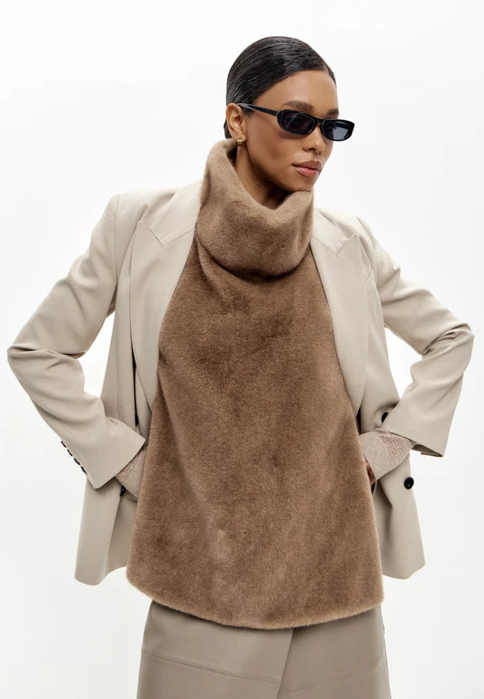 Faux Fur Sleeveless Sculpted Top with Collar – Light Brown