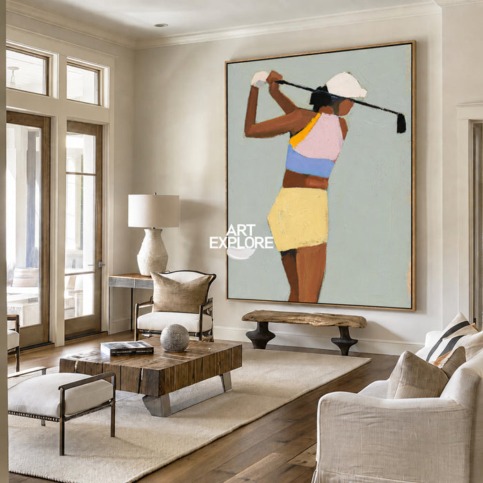 Abstract Golfer Painting Hand-Painted Canvas Wall Art In Green And Pastel Colors