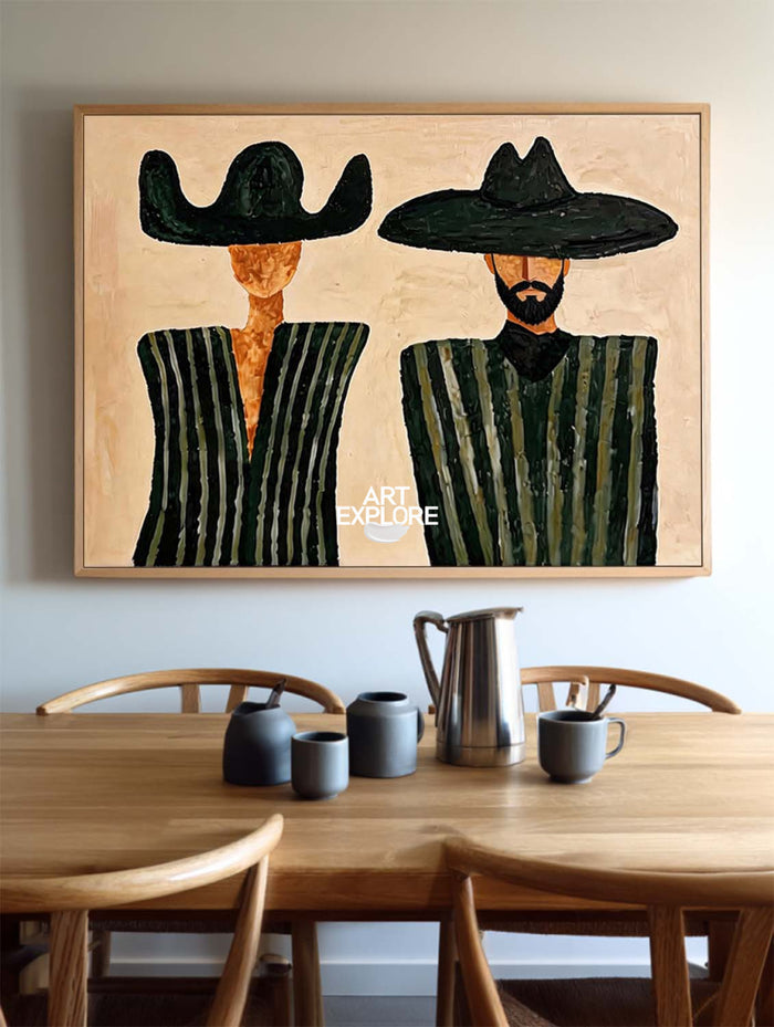 Minimalist Beige Cowboy Painting Horizontal Canvas Wall Art For Living Room And Office Decor
