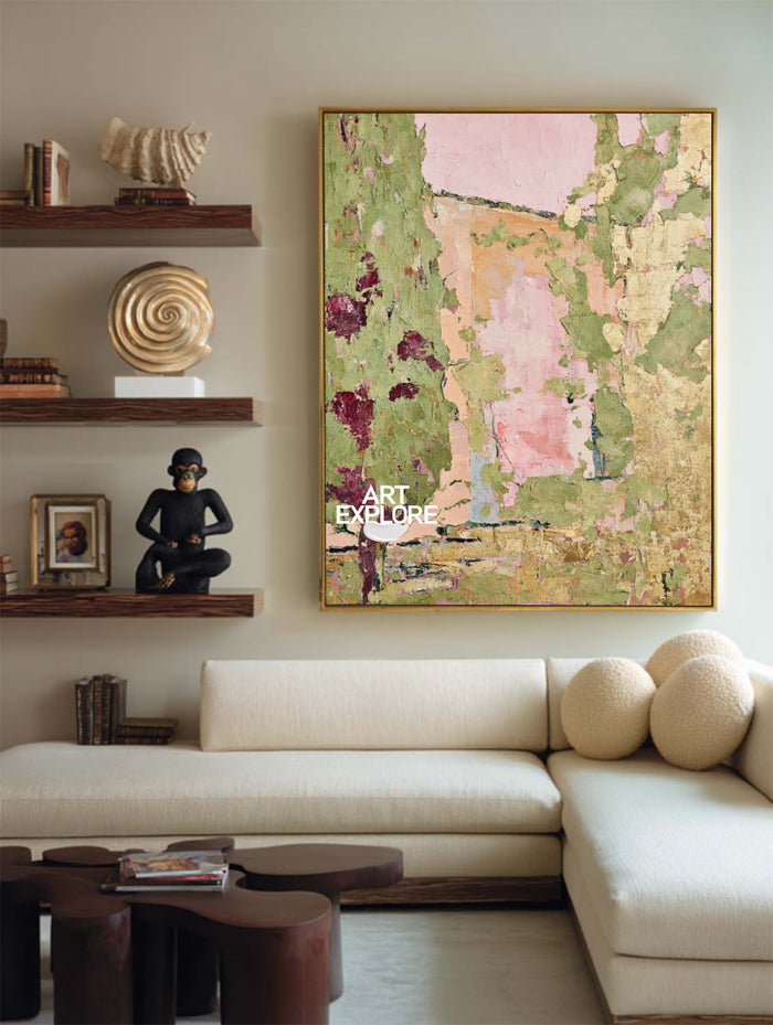 Abstract Garden Landscape Painting Green Pink Hand-Painted Canvas Art