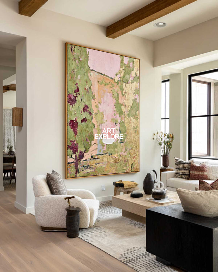 Abstract Garden Landscape Painting Green Pink Hand-Painted Canvas Art