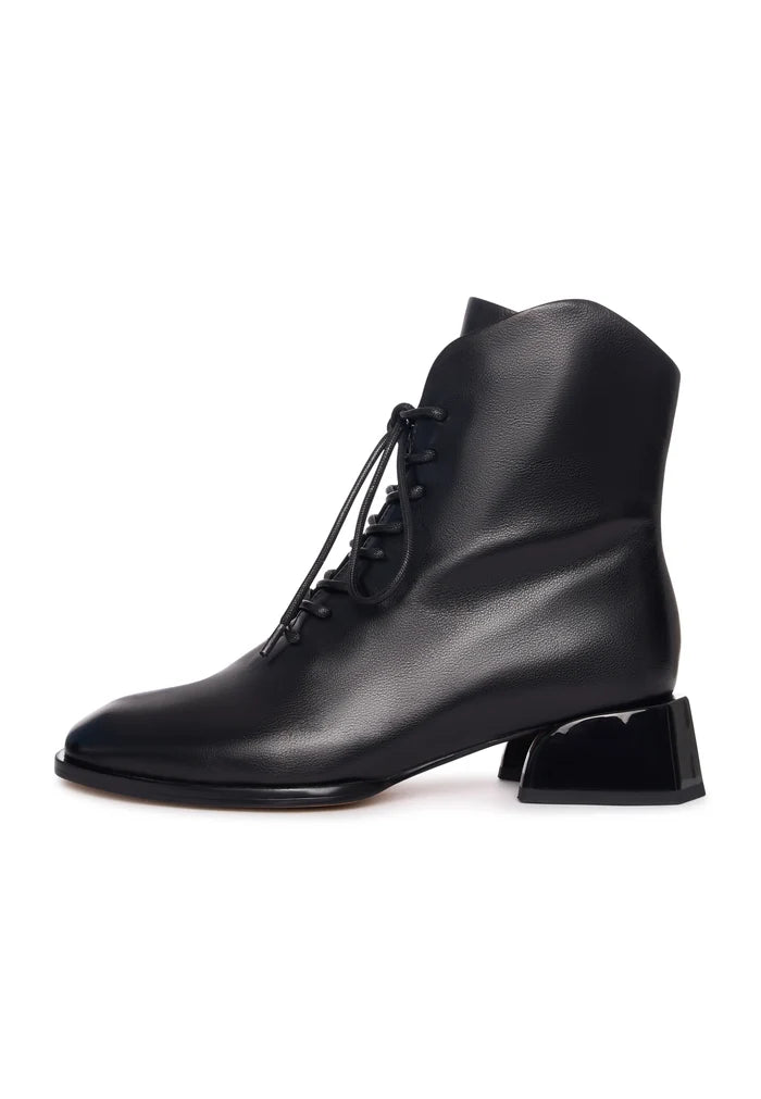 Geometric Heel Lace-Up Bootie - Black