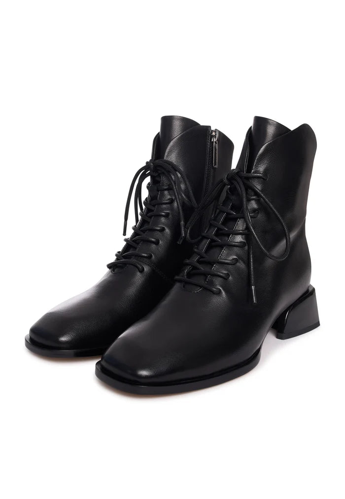 Geometric Heel Lace-Up Bootie - Black