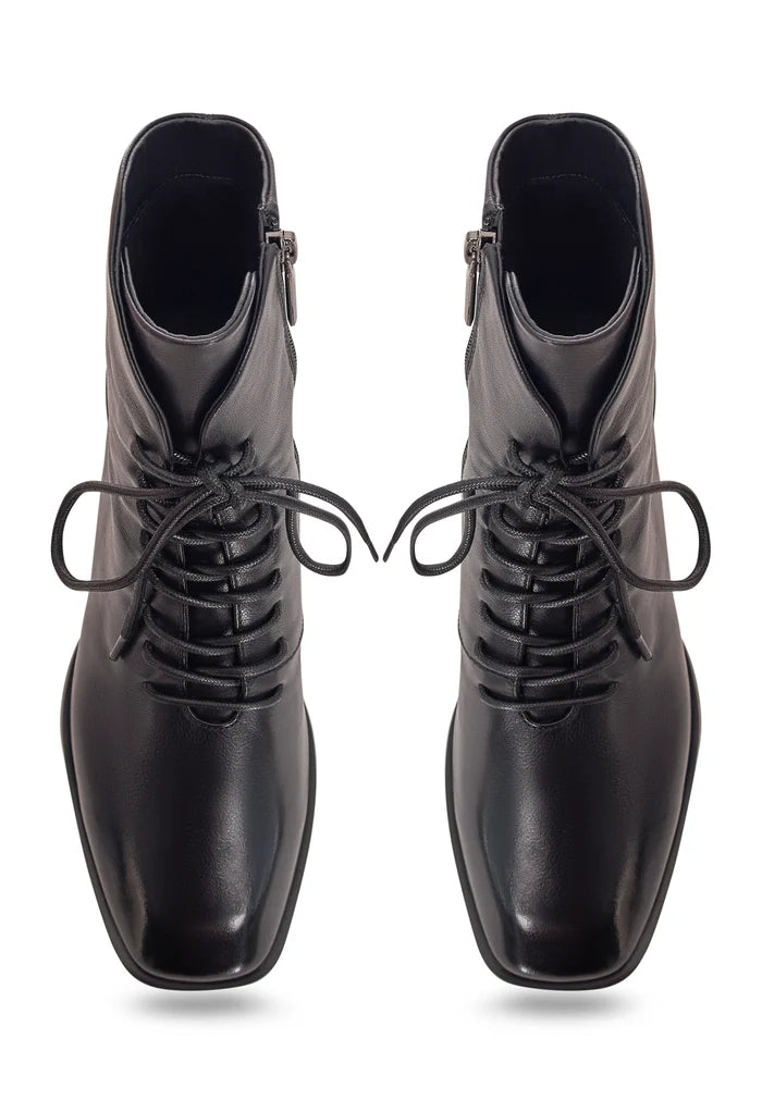 Geometric Heel Lace-Up Bootie - Black