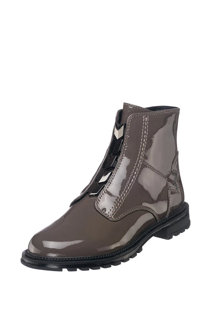 A pair of stylish brown ankle zip-up boots with a glossy finish.