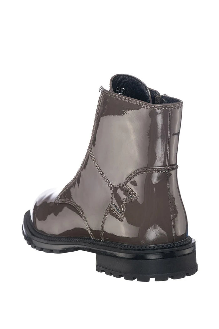 A pair of stylish brown ankle boots with a glossy finish and zip-up design, perfect for any outfit.