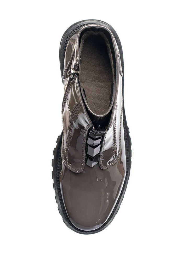 A pair of stylish brown ankle boots with a glossy finish and zip-up design, perfect for any outfit.