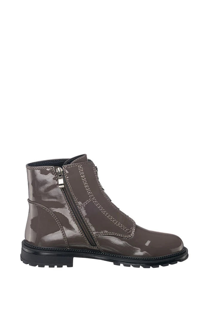 A stylish pair of glossy brown ankle boots with a zip-up design.