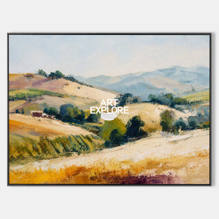 Golden Hillside Landscape Oil Painting With Textured Brushwork For Modern Living Room Decor