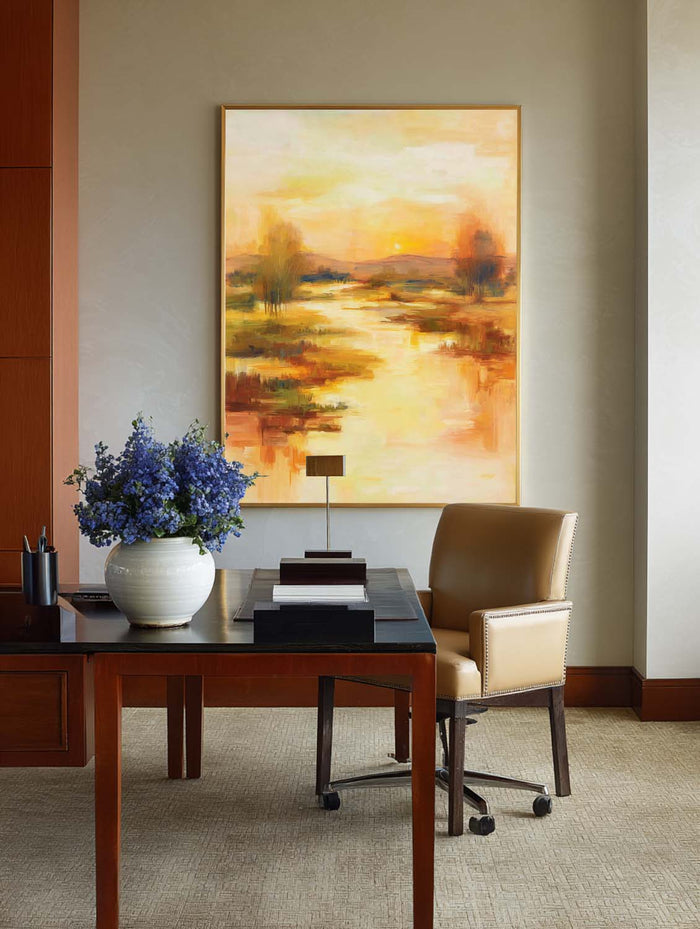 Golden Sunset Abstract Painting On Linen Canvas With Warm Tones For Modern Home Decor