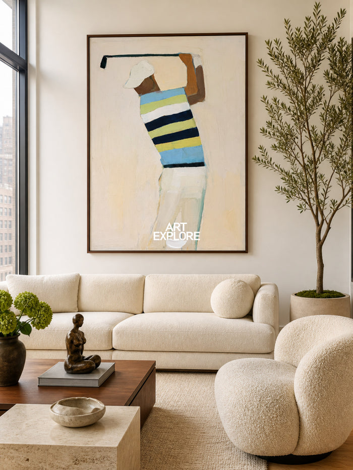 Modern Sports Wall Art For Office Abstract Golfer Painting In Beige