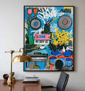 Vibrant Graffiti Music Painting With Blue Urban Jazz Instruments For Modern Home Decor