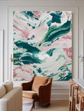 Textured Abstract Wall Art In Emerald Green And Soft Pink For Contemporary Home