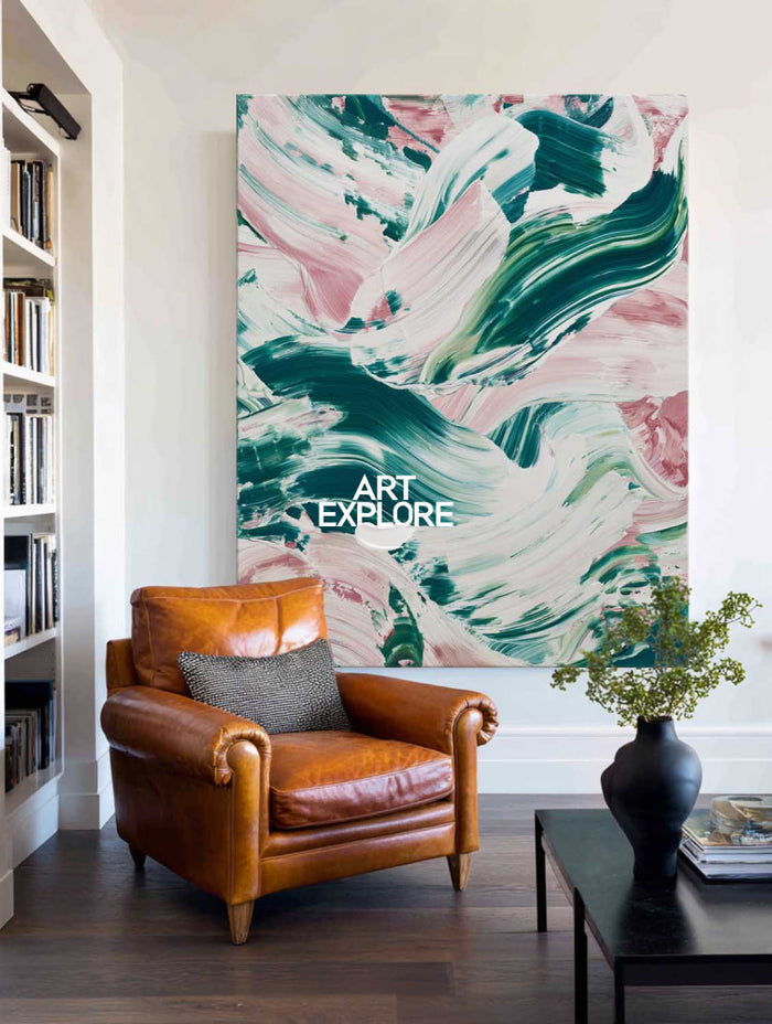 Textured Abstract Wall Art In Emerald Green And Soft Pink For Contemporary Home
