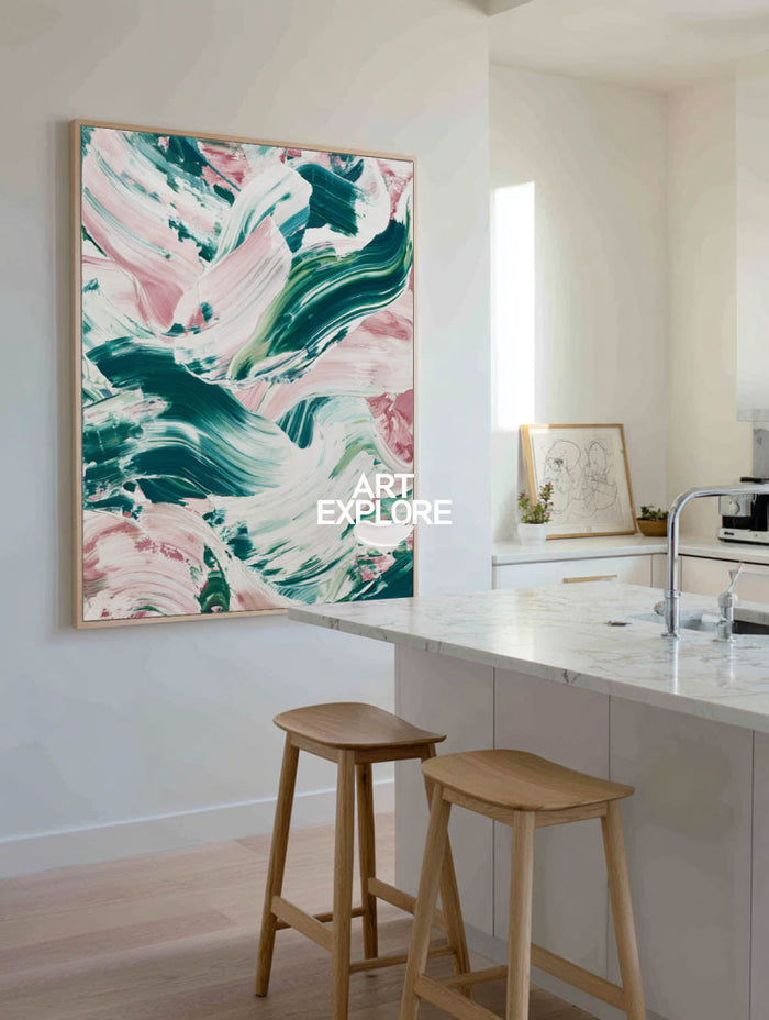 Textured Abstract Wall Art In Emerald Green And Soft Pink For Contemporary Home