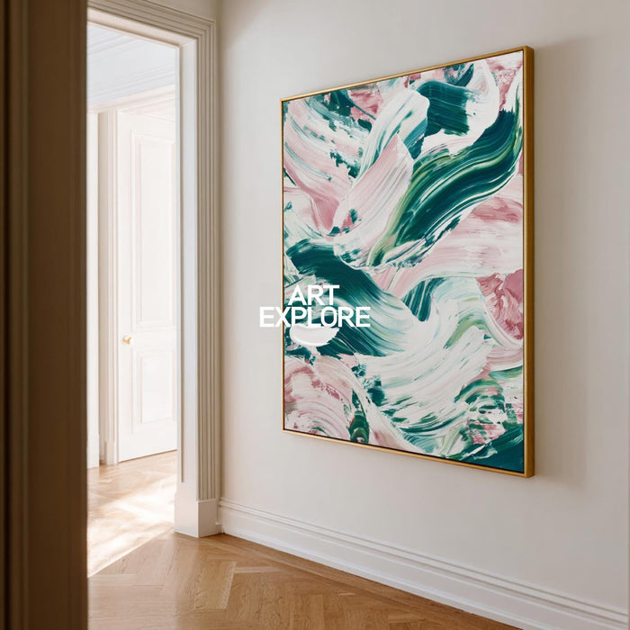 Textured Abstract Wall Art In Emerald Green And Soft Pink For Contemporary Home