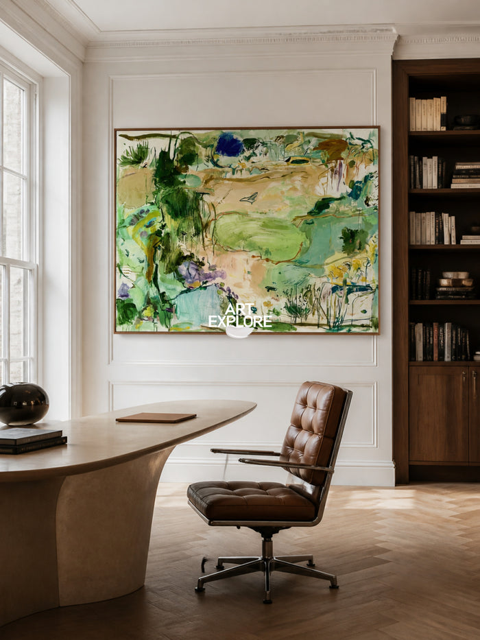 Abstract Green Landscape Hand-Painted Canvas Art With Blue Accents