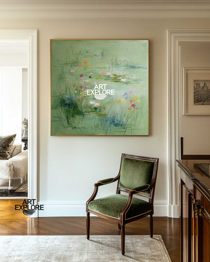 Green Water Lily Artwork | Modern Handmade Canvas Wall Decor | ArtExplore