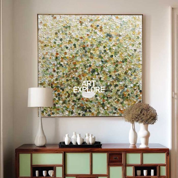Modern Green Abstract Pointillist Art With Textured Canvas For Living Room Decor
