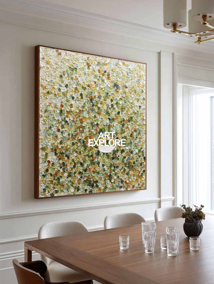 Modern Green Abstract Pointillist Art With Textured Canvas For Living Room Decor