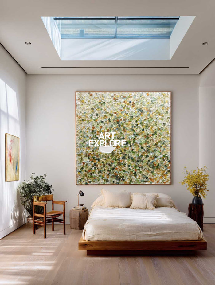 Modern Green Abstract Pointillist Art With Textured Canvas For Living Room Decor
