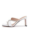 A pair of elegant white high heel sandals with multiple straps, perfect for women looking for stylish and trendy footwear options.