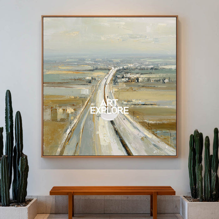 Abstract Highway Landscape Painting Textured Beige Grey Art For Modern Living Room