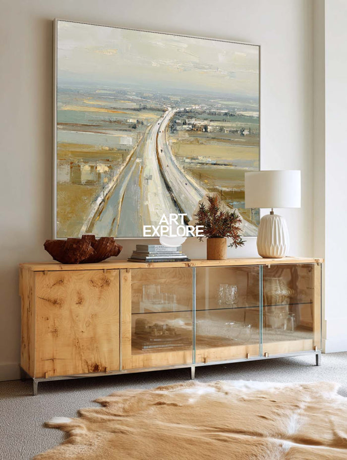 Abstract Highway Landscape Painting Textured Beige Grey Art For Modern Living Room