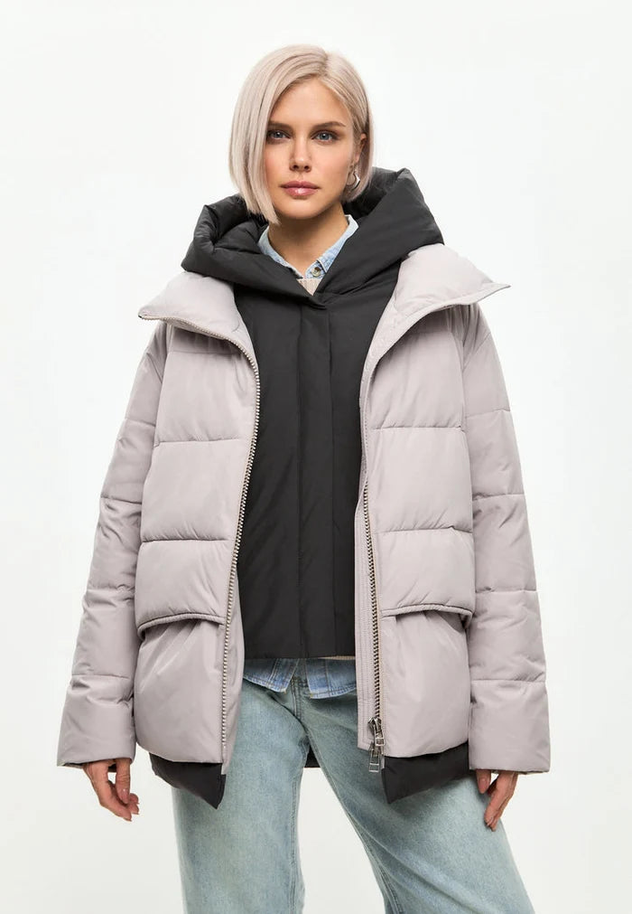 A fashionable beige hooded puffer jacket - the perfect winter coat for women's outerwear.