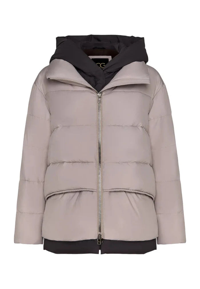 A stylish beige hooded puffer jacket, ideal for winter wear and a fashionable addition to any women's outerwear collection.