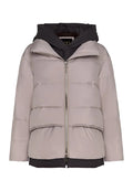 A stylish beige hooded puffer jacket, ideal for winter wear and a fashionable addition to any women's outerwear collection.