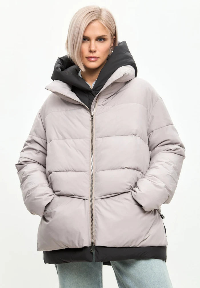 A stylish beige hooded puffer jacket, perfect for winter and women's outerwear fashion.