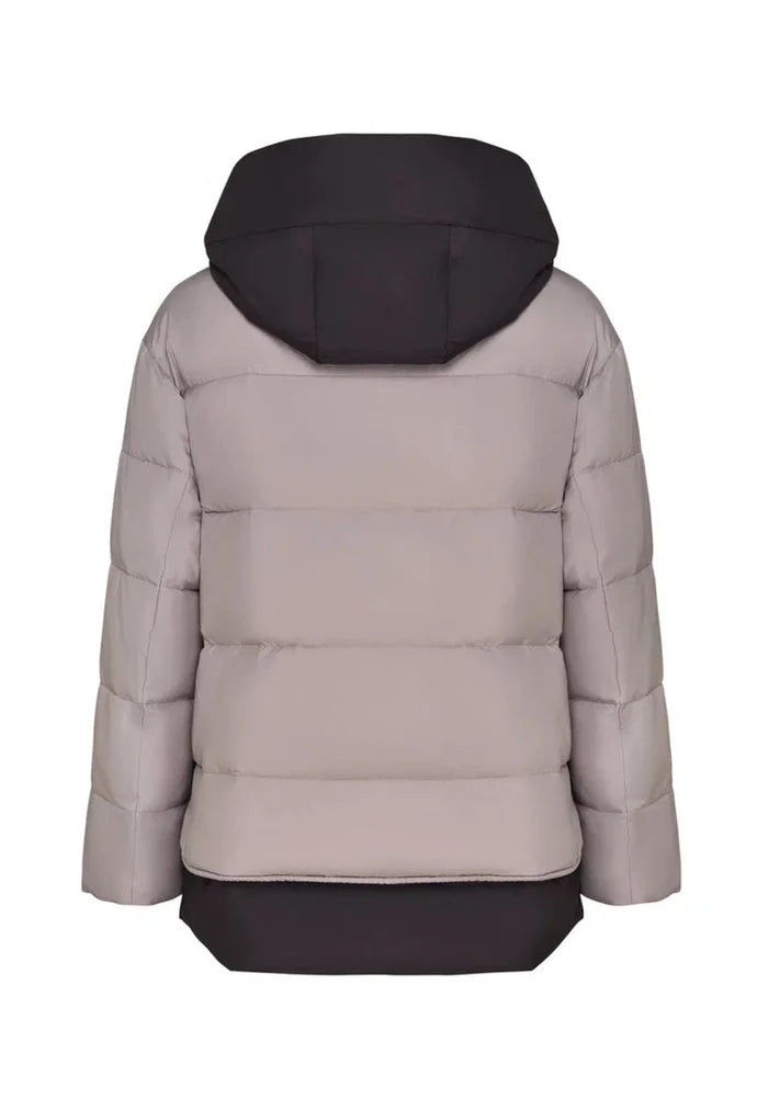 A stylish and fashionable beige hooded puffer jacket, perfect as a winter coat for women's outerwear fashion.