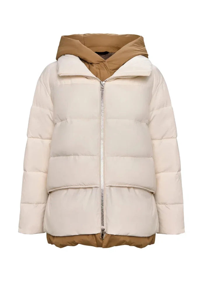 A stylish white hooded puffer jacket, perfect for staying warm and fashionable in the winter snow, a must-have for outerwear fashion lovers.