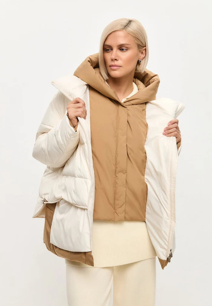 A stylish hooded white puffer jacket, perfect for winter, snow days, and outerwear fashion.