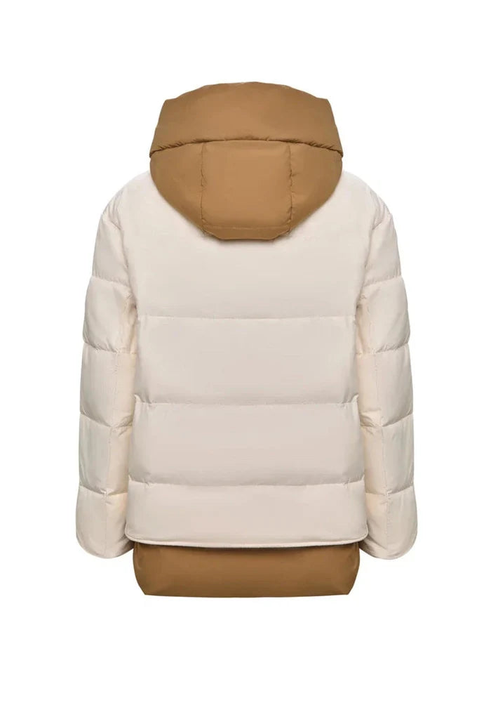 A stylish white hooded puffer jacket, perfect for staying warm and chic in the winter season, the ideal snow jacket for your outerwear fashion collection.