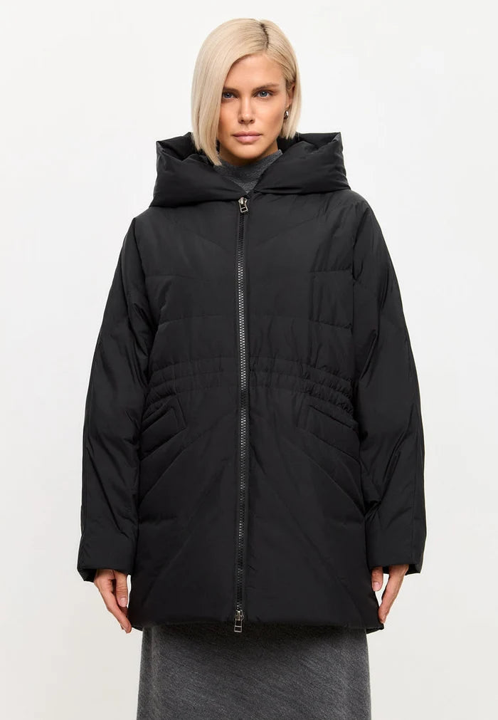 A stylish black hooded quilted jacket for women, perfect for winter warmth and chic style.