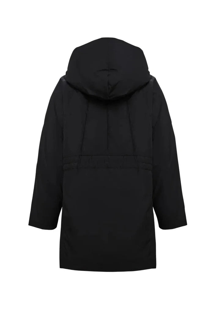 A stylish black quilted hooded jacket for women, perfect for winter wear.