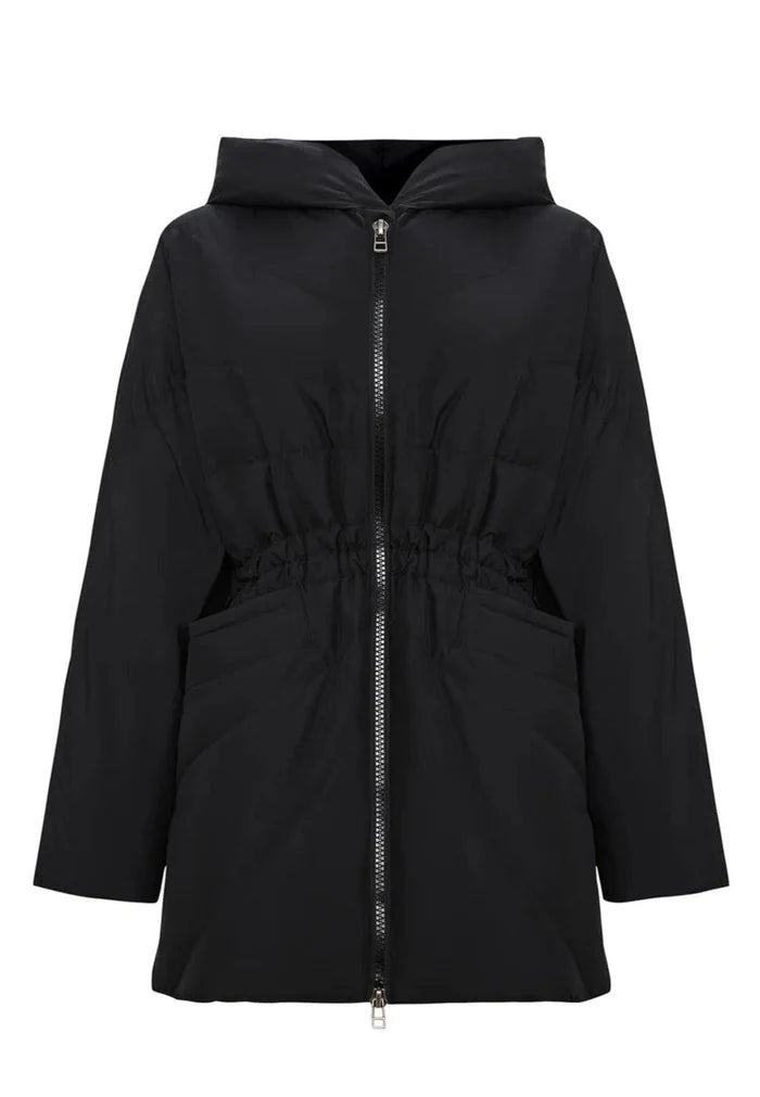 A stylish black hooded quilted jacket for women, perfect for winter wear.