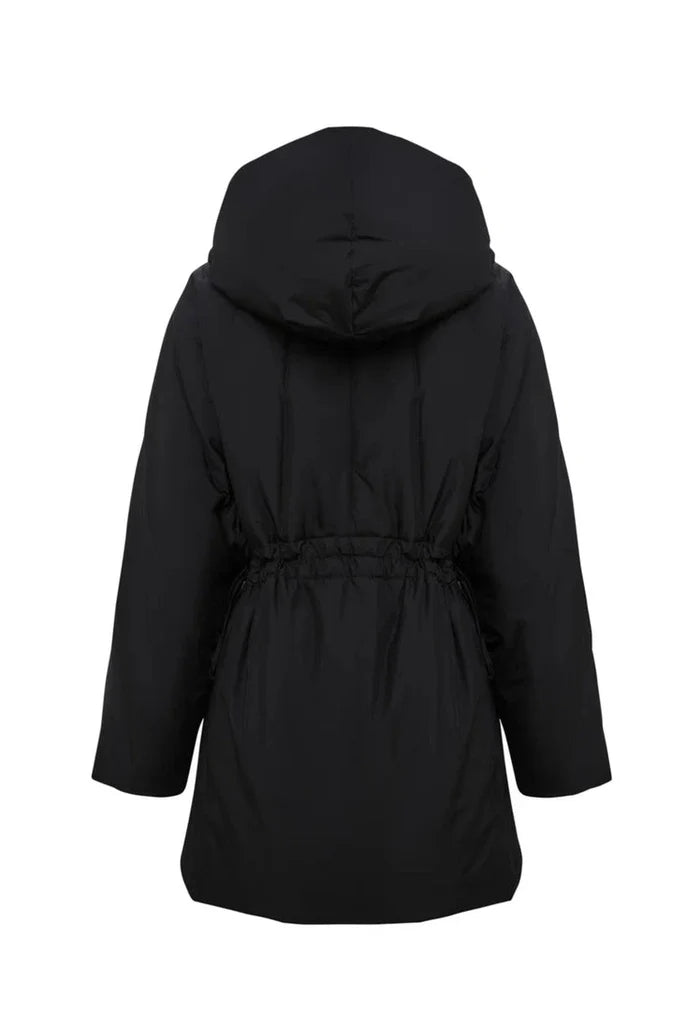 A stylish black quilted hooded jacket for women, perfect for winter outerwear.
