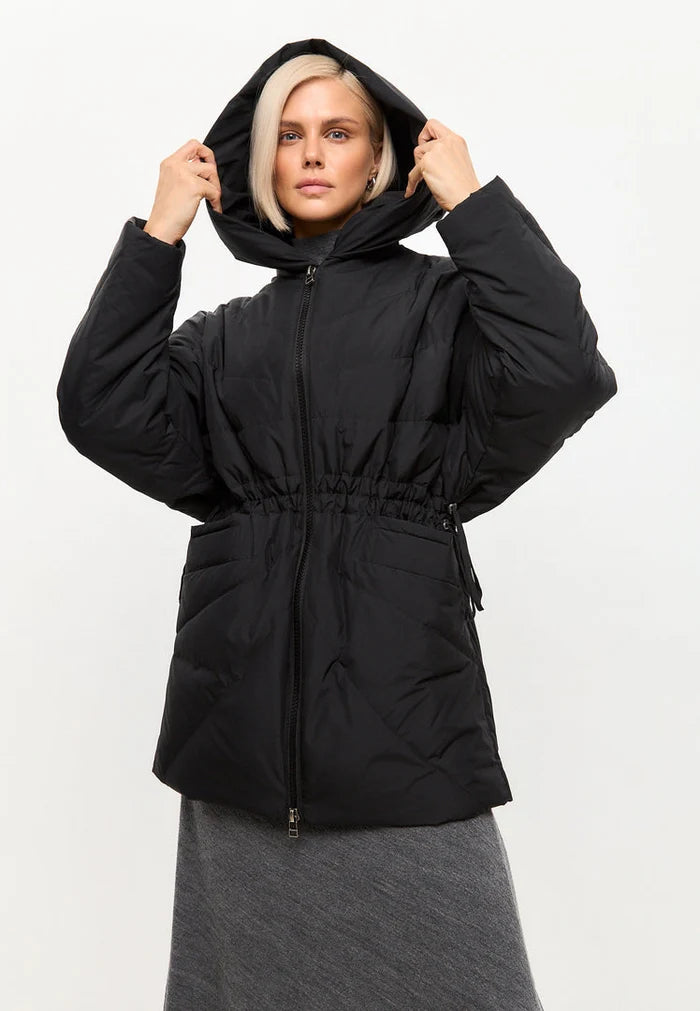 A stylish black hooded quilted jacket for women, perfect for staying warm and fashionable during the winter season.