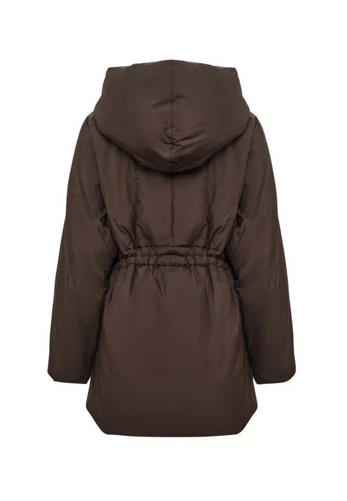 A stylish brown hooded quilted jacket for women, perfect for winter fashion outerwear.
