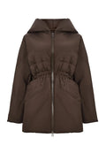 A trendy winter fashion jacket for women, featuring a stylish brown hooded quilted design.