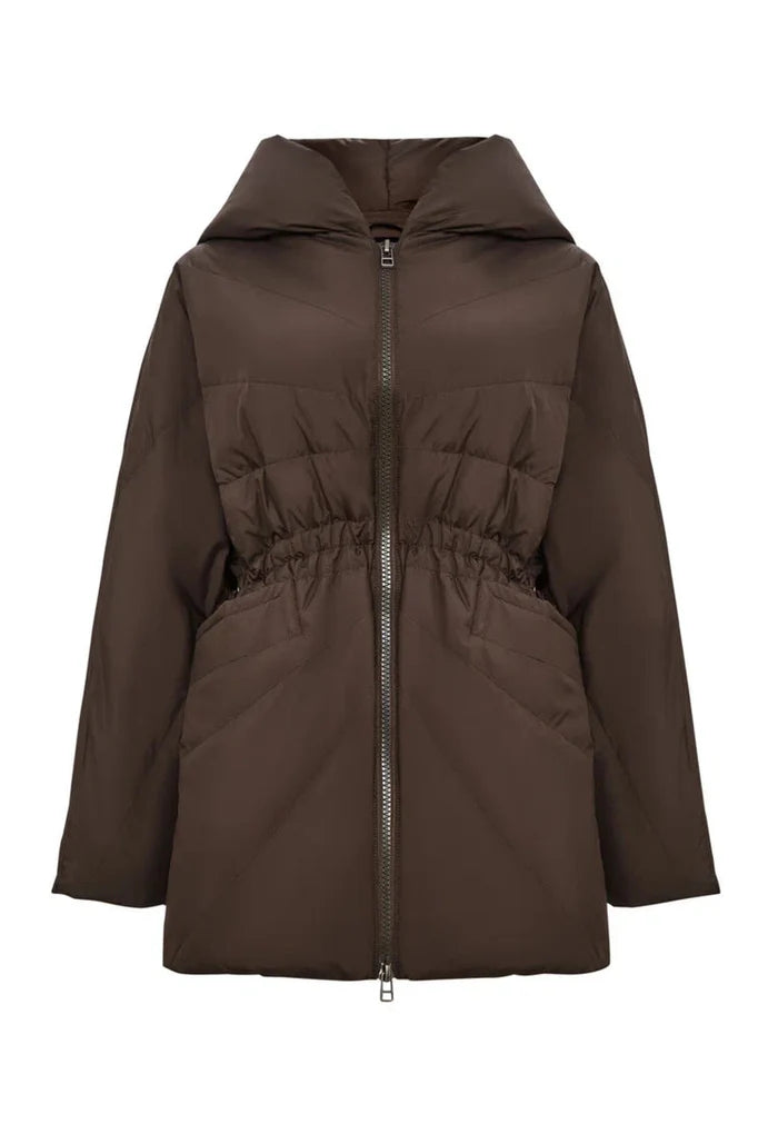 A trendy winter fashion jacket for women, featuring a stylish brown hooded quilted design.