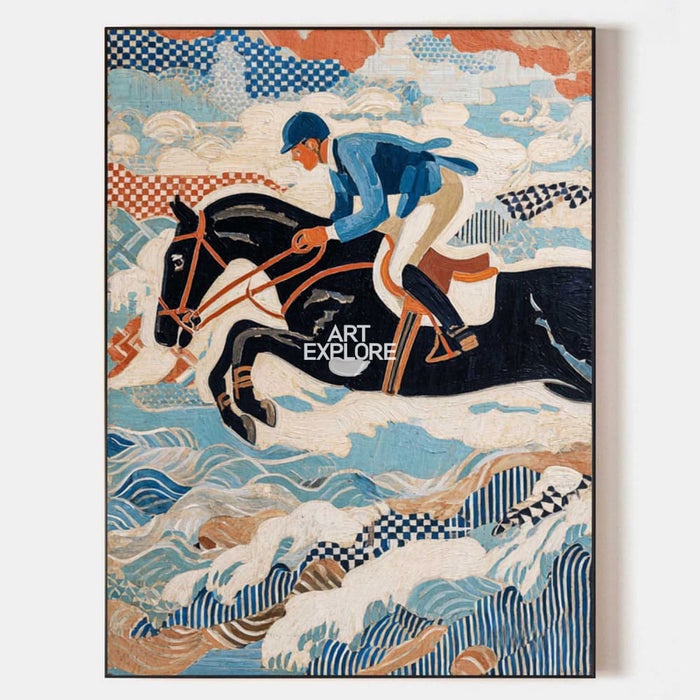 Modern Horse Riding Oil Painting | Large Blue Textured Equestrian Wall Art | ArtExplore
