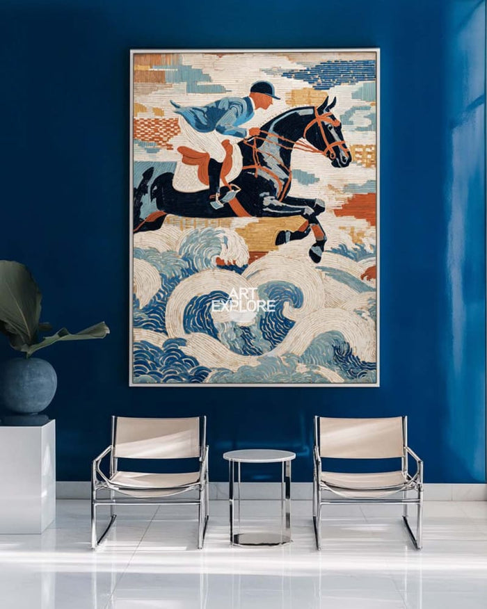 Modern Equestrian Oil Canvas Art | Vertical Large Blue Textured Horse Riding Wall Art | ArtExplore